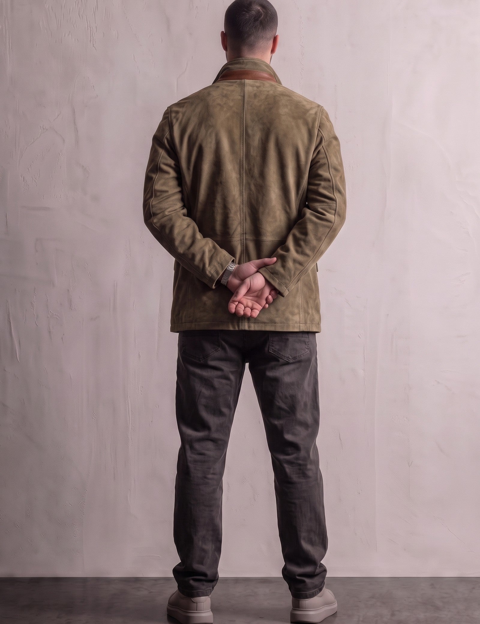 Men's Olive Suede-Effect Jacket with Layered Collar, back view, full length.