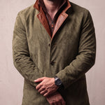 Men's Olive Suede-Effect Jacket with Layered Collar, close-up of the upper body.