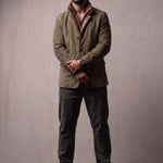 Men's Olive Suede-Effect Jacket with Layered Collar, front view, full length.