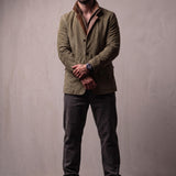 Men's Olive Suede-Effect Jacket with Layered Collar, front view, full length.