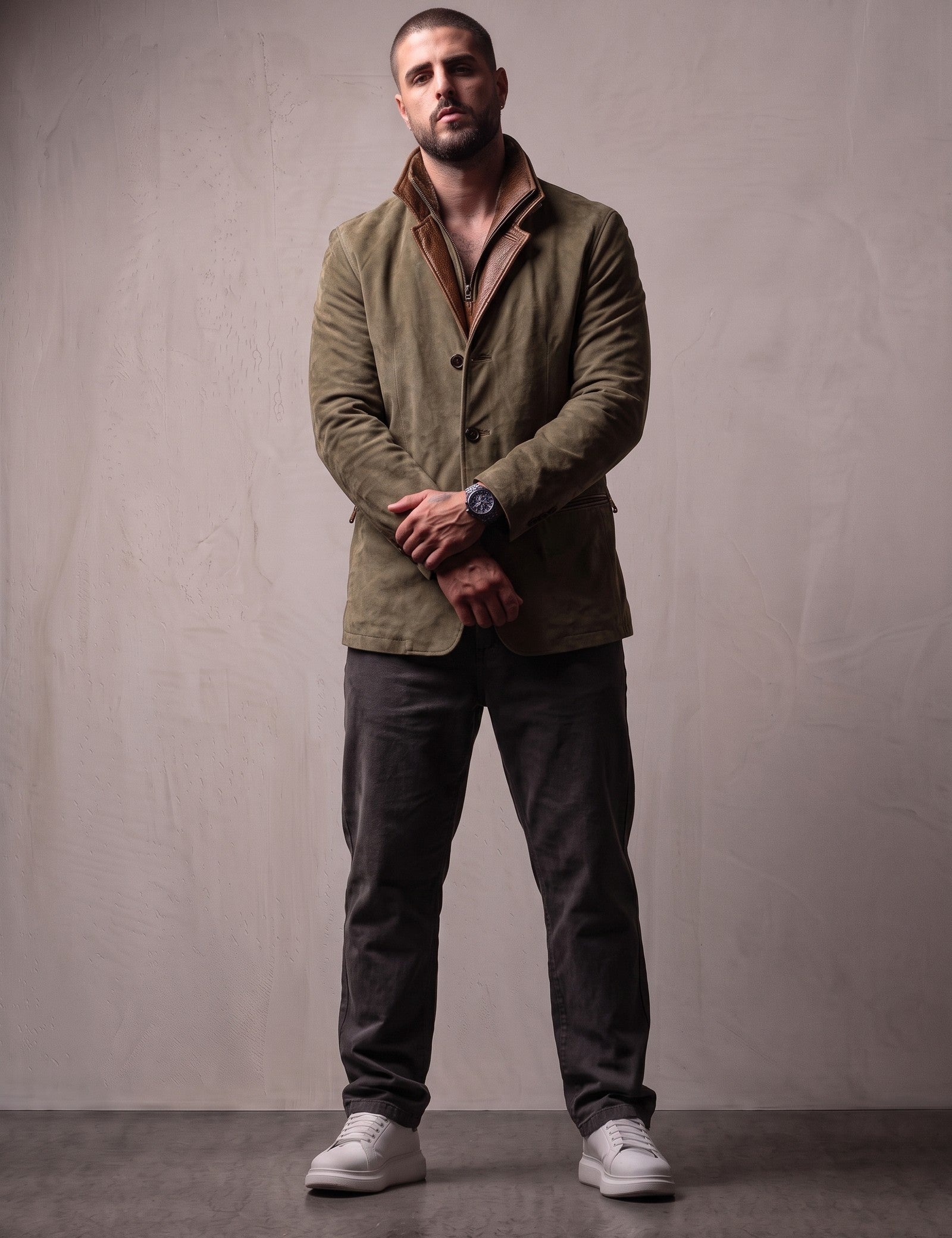 Men's Olive Suede-Effect Jacket with Layered Collar, front view, full length.
