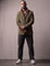 Men's Olive Suede-Effect Jacket with Layered Collar, front view, full length.