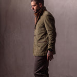 Men's Olive Suede-Effect Jacket with Layered Collar, side view, full length.