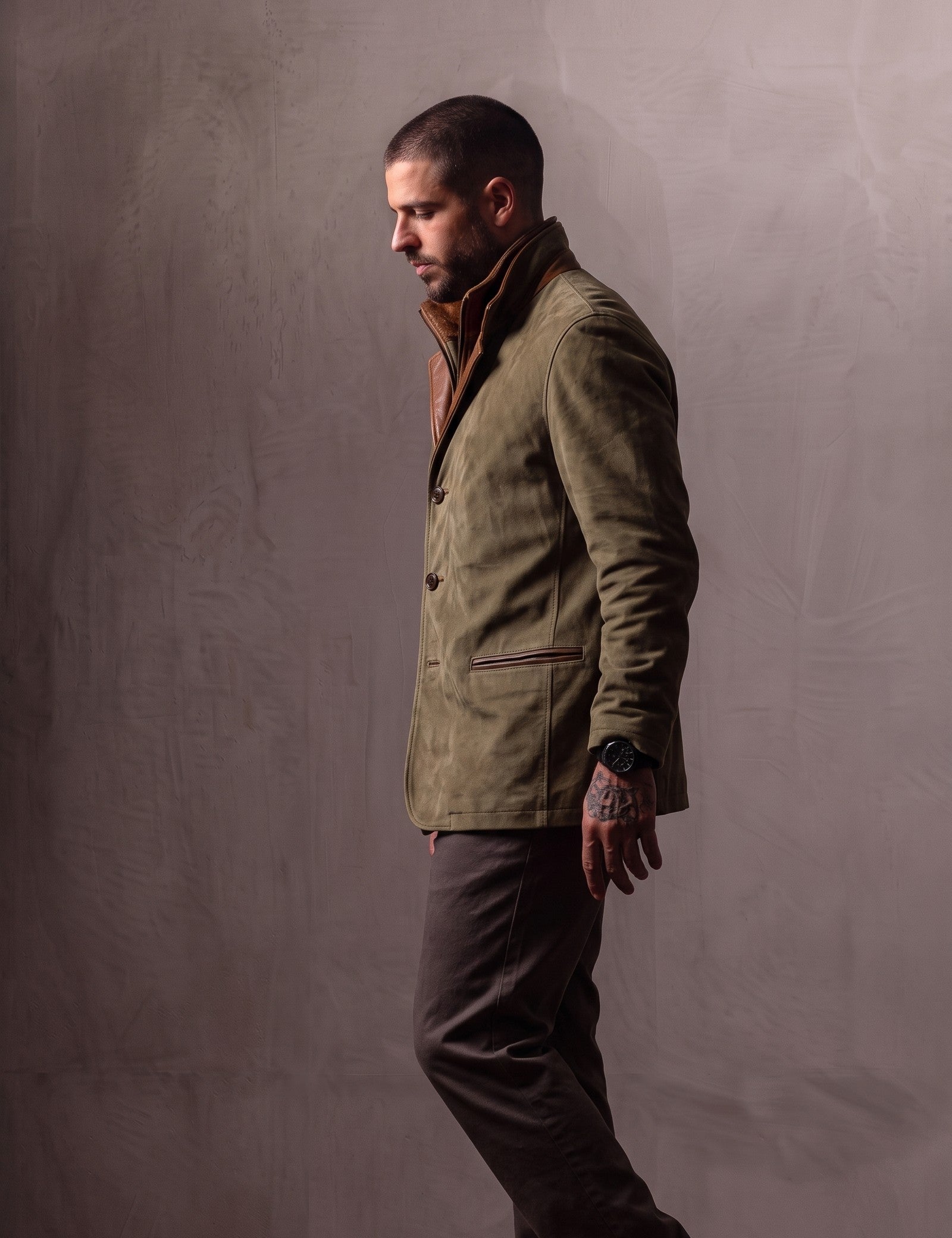Men's Olive Suede-Effect Jacket with Layered Collar, side view, full length.