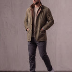Men's Olive Suede-Effect Jacket with Layered Collar, three-quarter view from the right, full length.