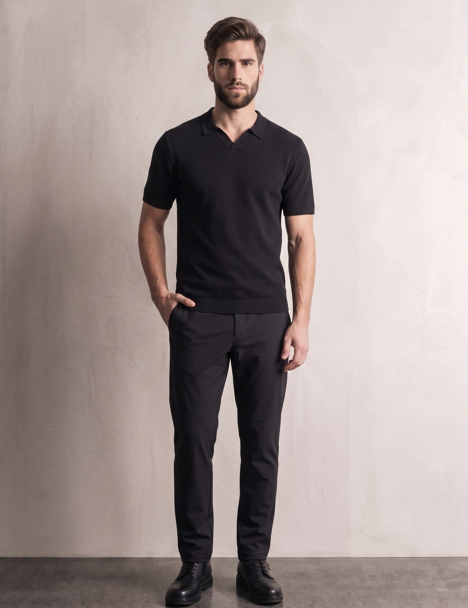 Men's Open Knit Short Sleeve Polo Shirt, front view, full length