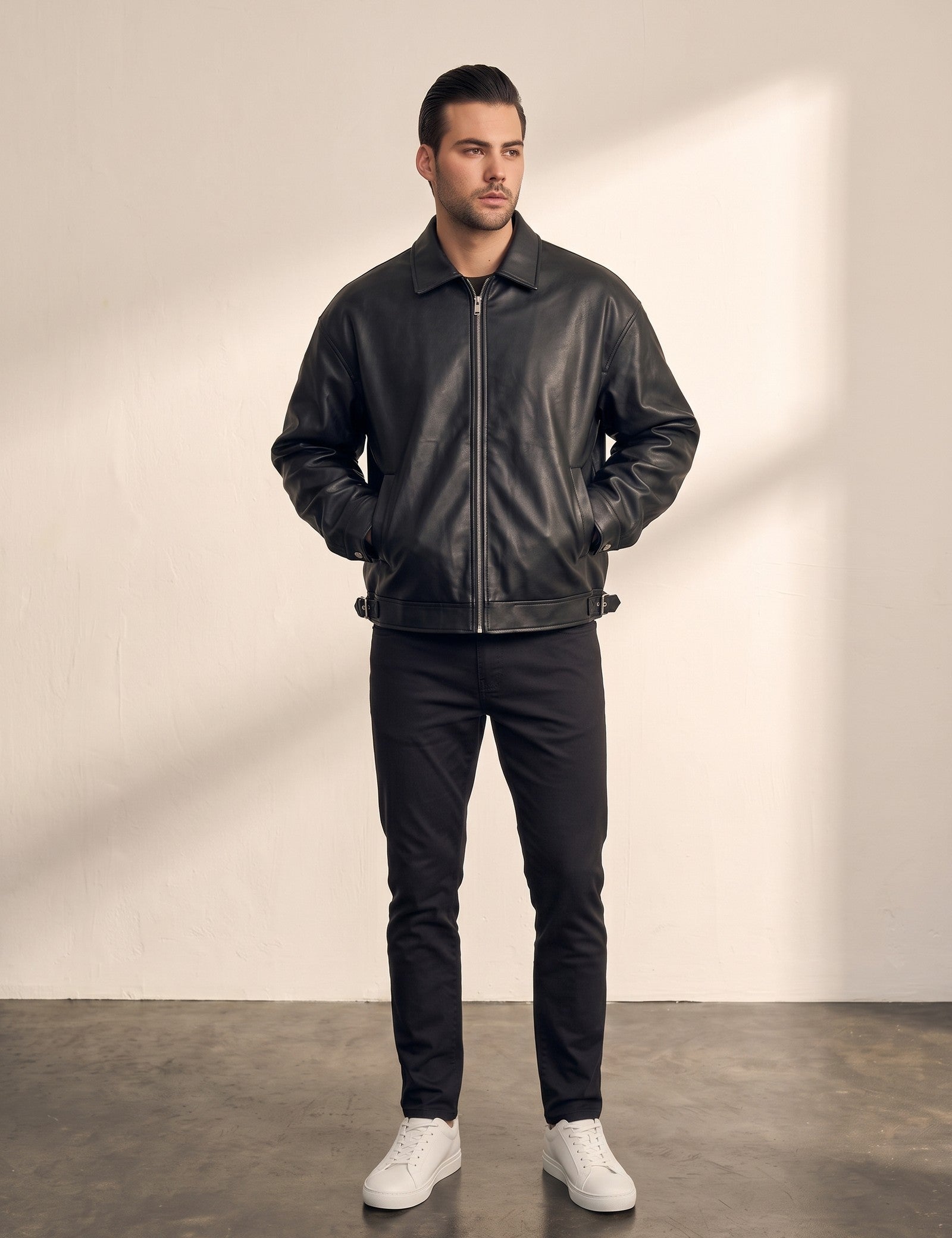 Men's Oversized Bomber Jacket in Black, front view, full length