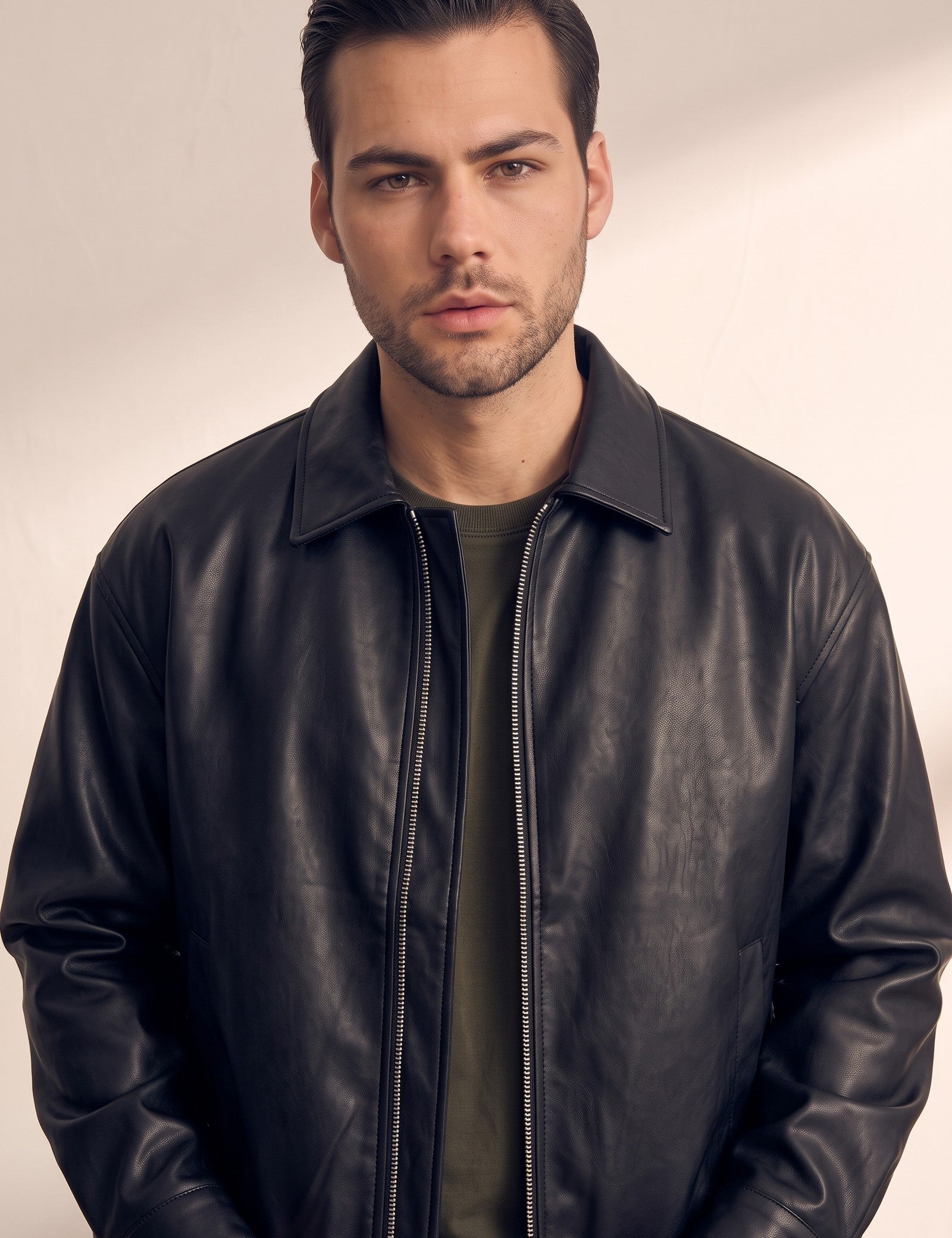 Men's Oversized Bomber Jacket, close-up of the upper body
