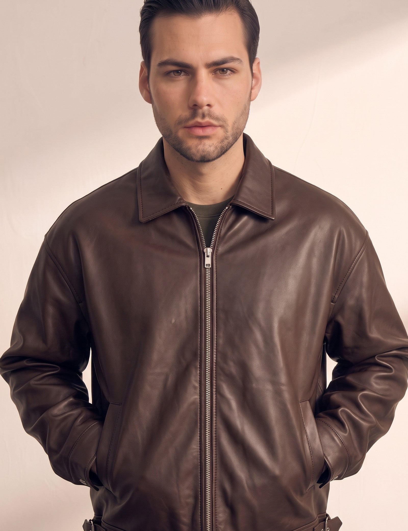 Men's Oversized Bomber Jacket, close-up of the upper body