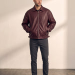 Men's Oversized Bomber Jacket in Burgundy, front view, full length