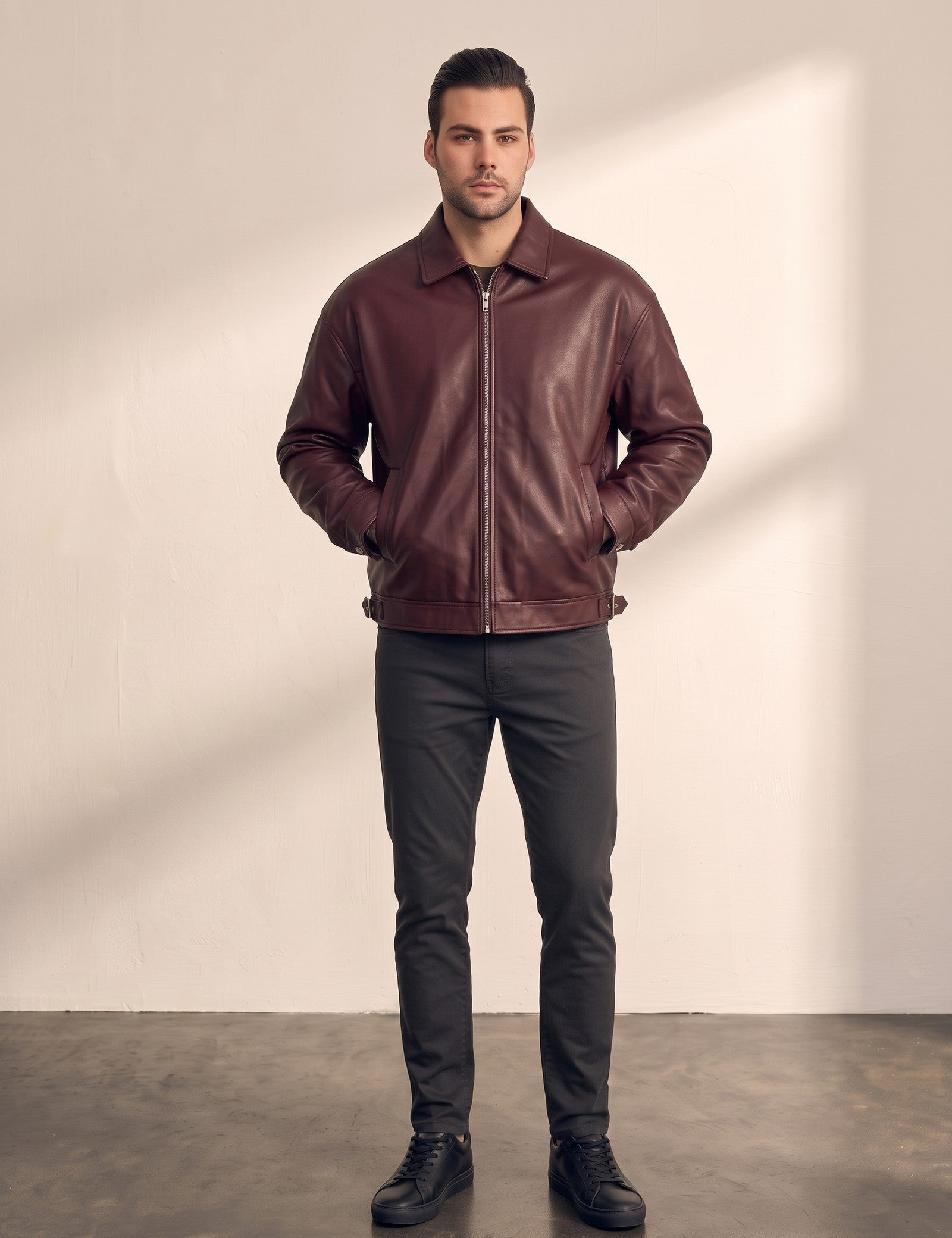 Men's Oversized Bomber Jacket, close-up of the upper body