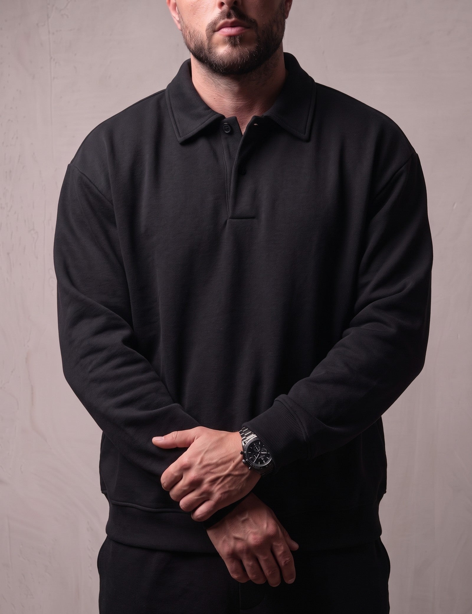 Men's Oversized Long Sleeve Polo Shirt, close-up of the upper body