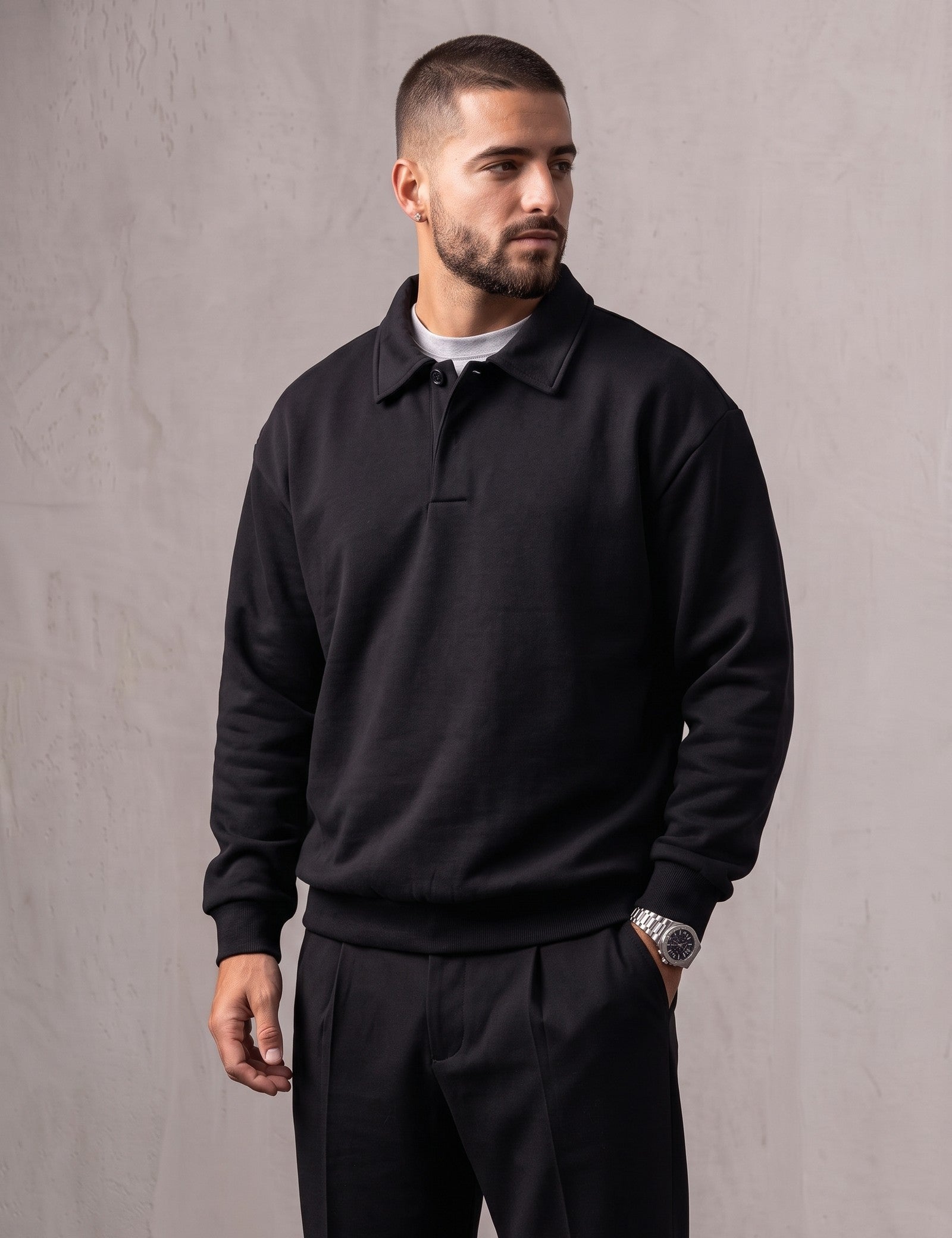 Men's Oversized Long Sleeve Polo Shirt, three-quarter view from the right, full length
