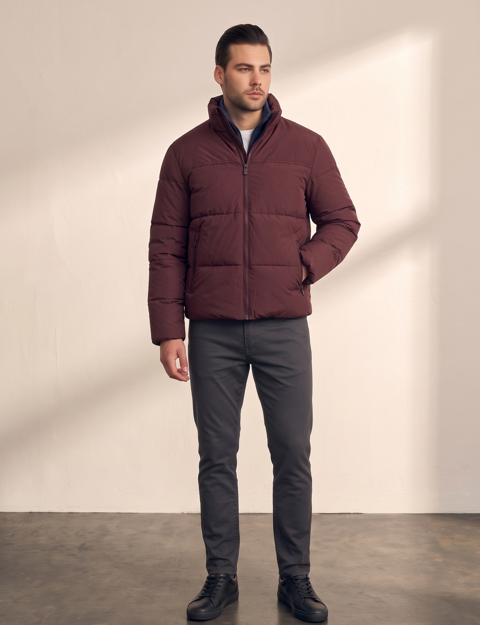 Men's Padded Puffer Jacket with Adjustable Hem, close-up of the upper body