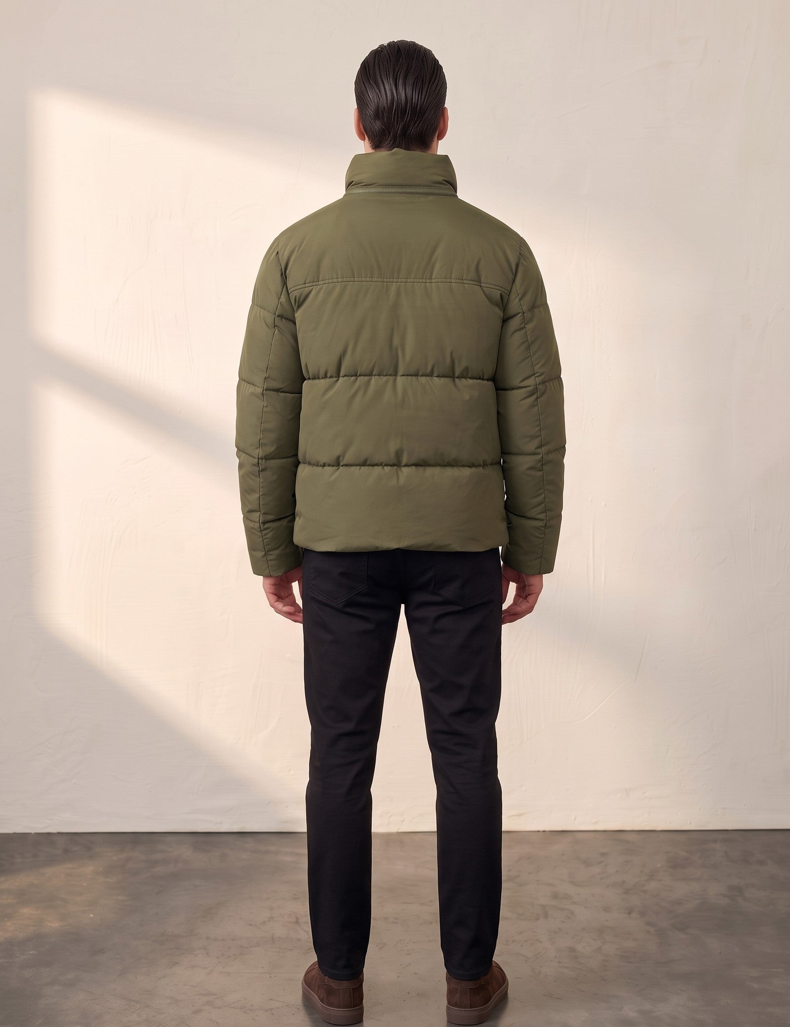 Men's Padded Puffer Jacket with Adjustable Hem, back view, full length