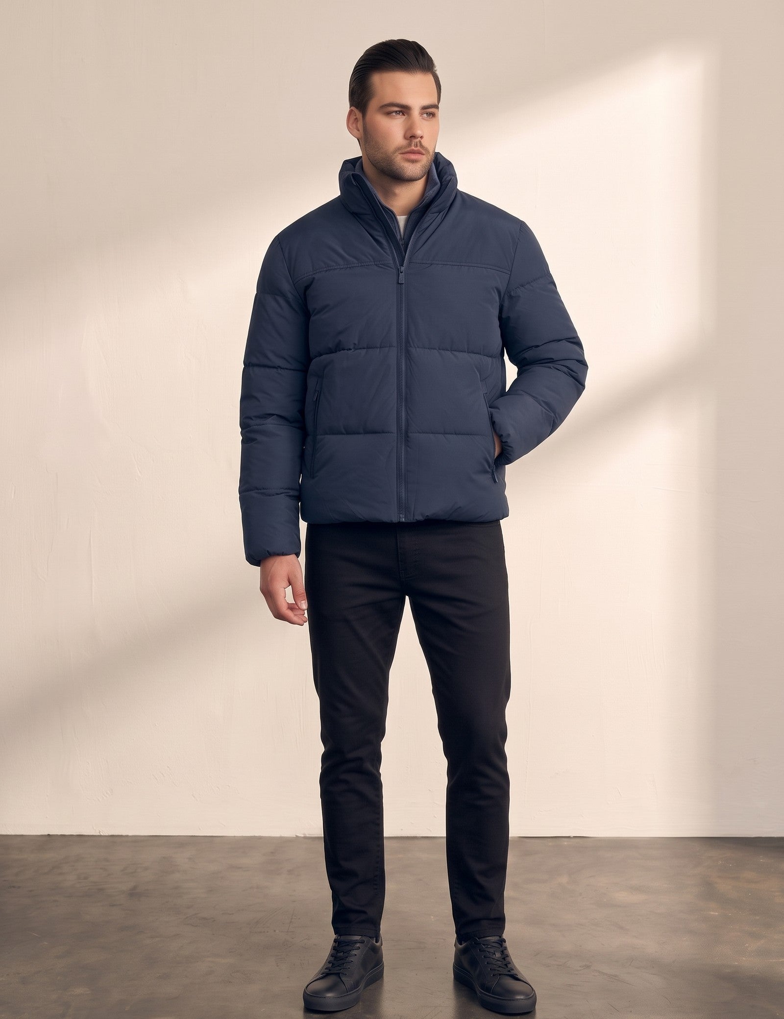 Men's Padded Puffer Jacket with Adjustable Hem in Navy Blue, front view, full length