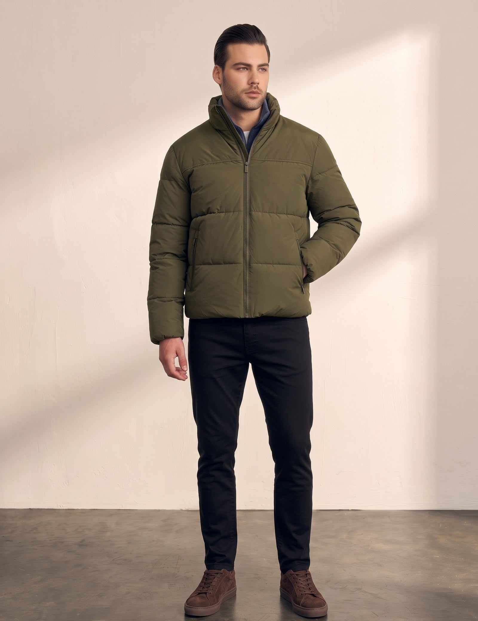 Men's Padded Puffer Jacket with Adjustable Hem in Olive Green, front view, full length