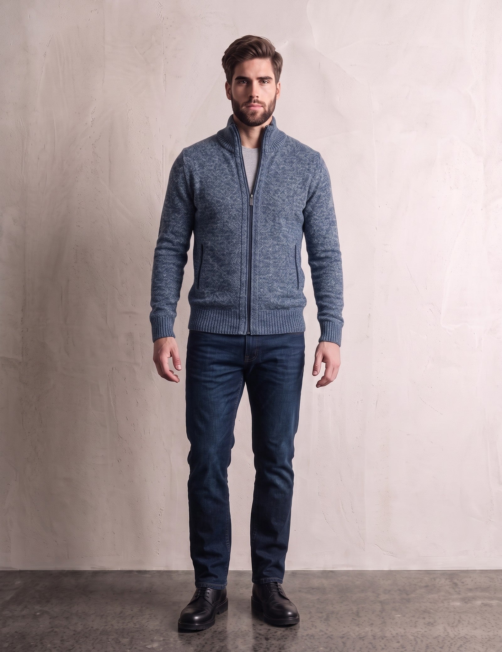 Men's Petrol Funnel Neck Zip Jumper, front view, full length.