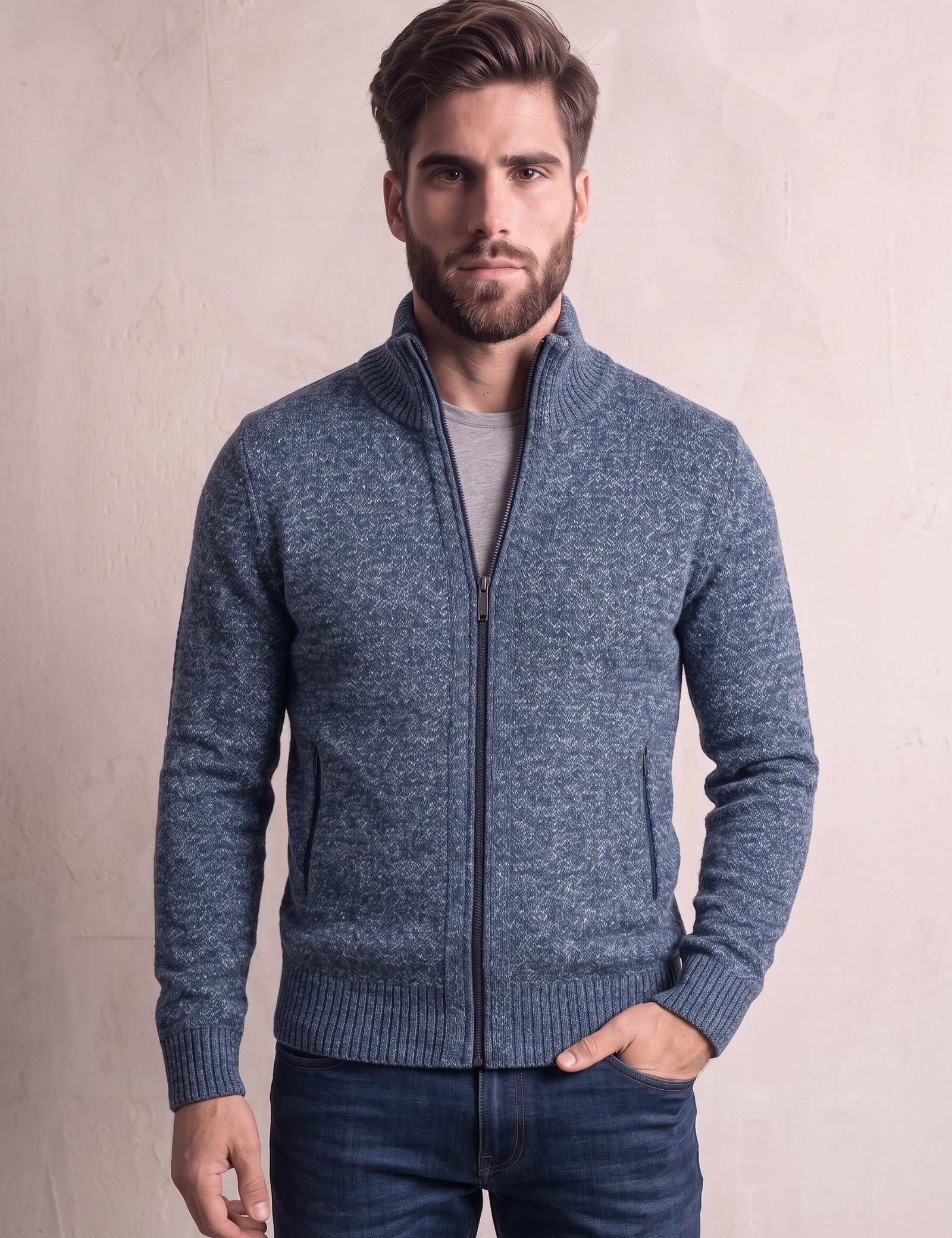 Men's Petrol Funnel Neck Zip Jumper, close-up of the upper body.