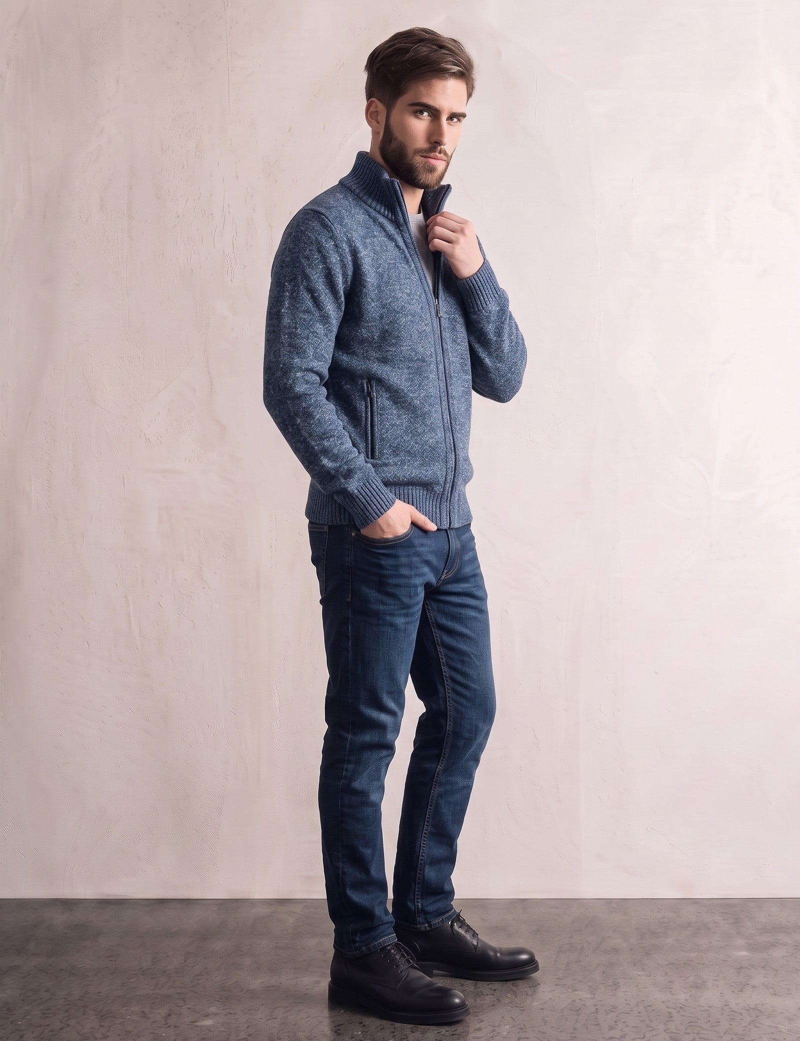 Men's Petrol Funnel Neck Zip Jumper, side view, full length.