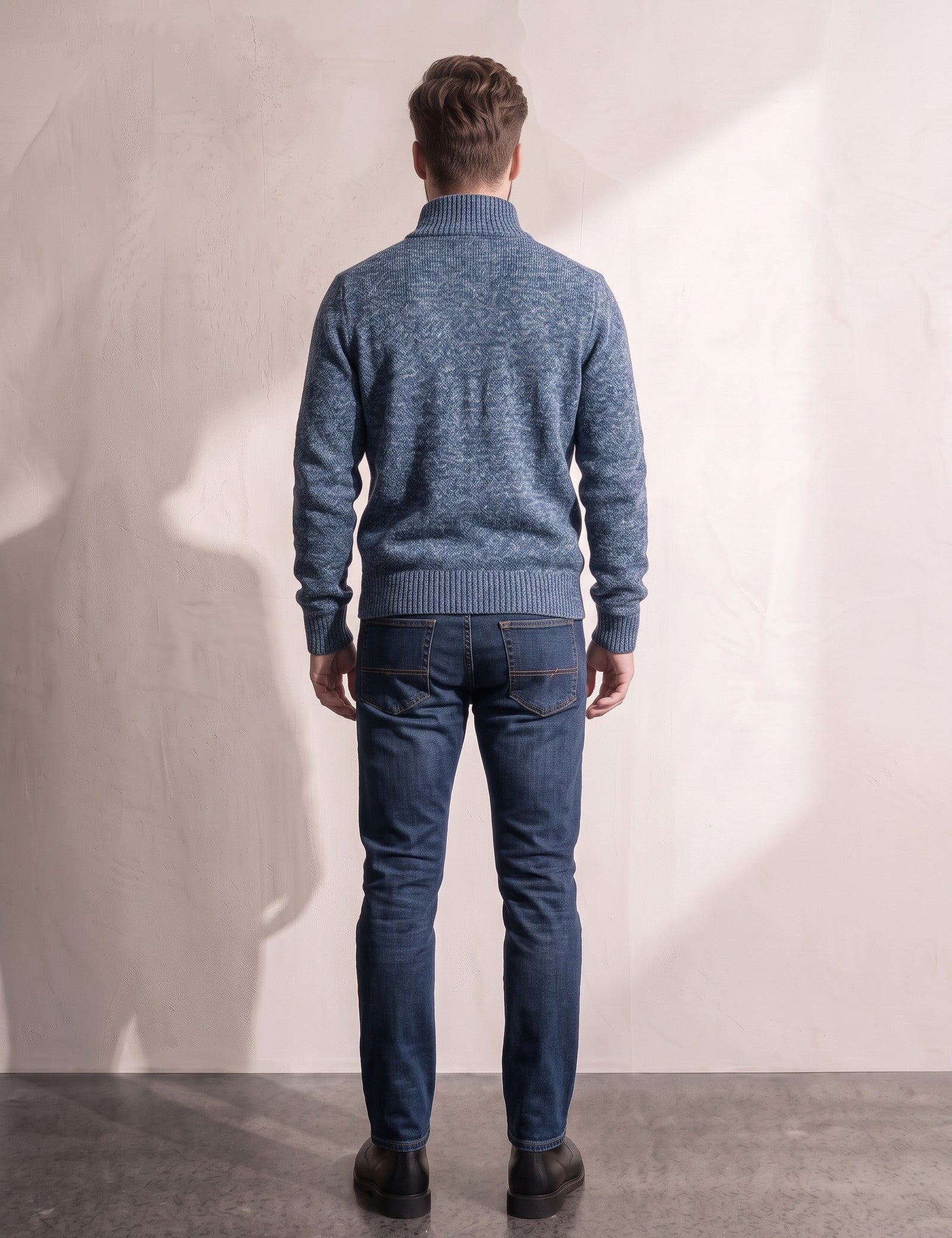 Men's Petrol Funnel Neck Zip Jumper, back view, full length.