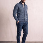 Men's Petrol Funnel Neck Zip Jumper, three-quarter view from the left, full length.