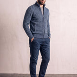Men's Petrol Funnel Neck Zip Jumper, three-quarter view from the left, full length.