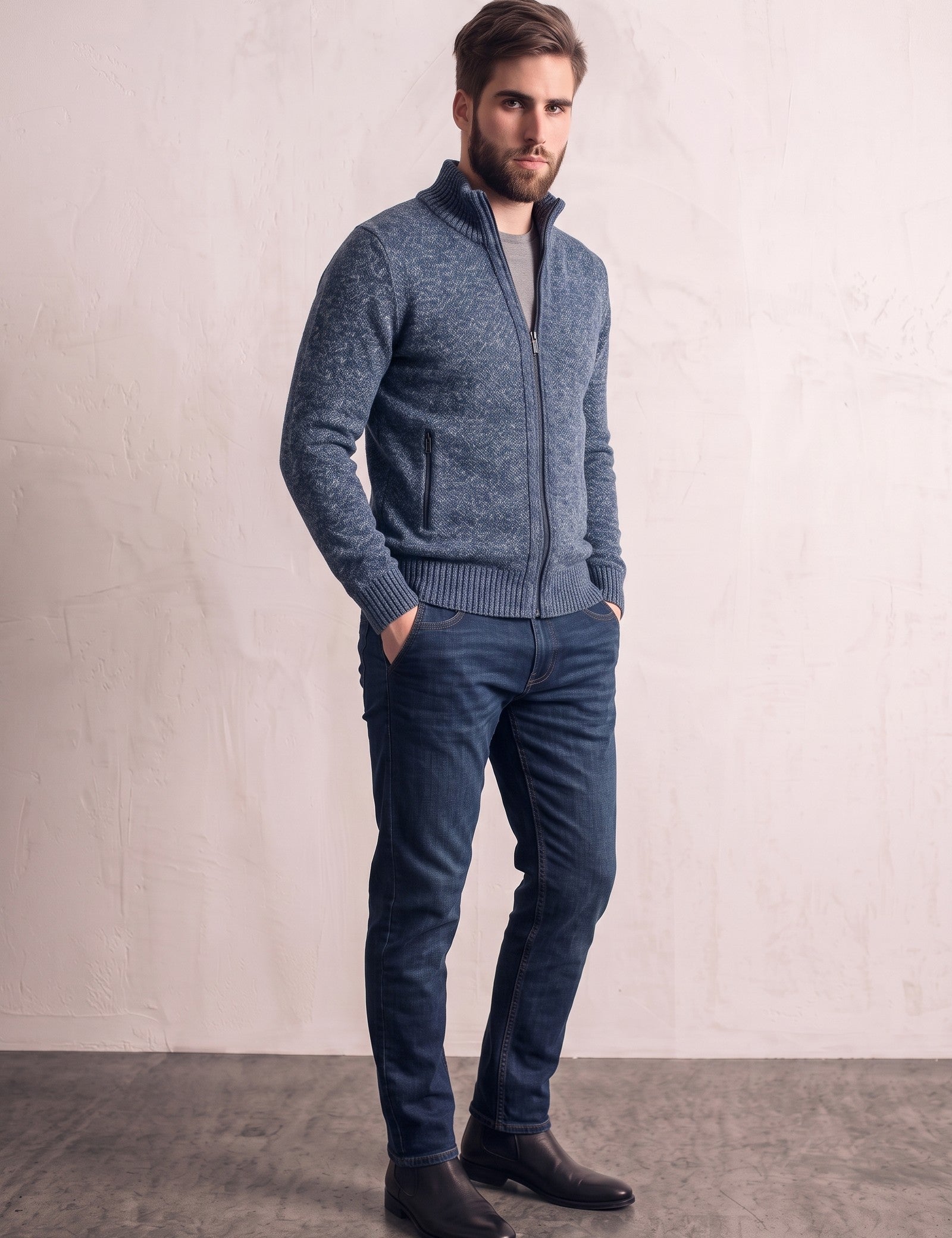 Men's Petrol Funnel Neck Zip Jumper, three-quarter view from the left, full length.