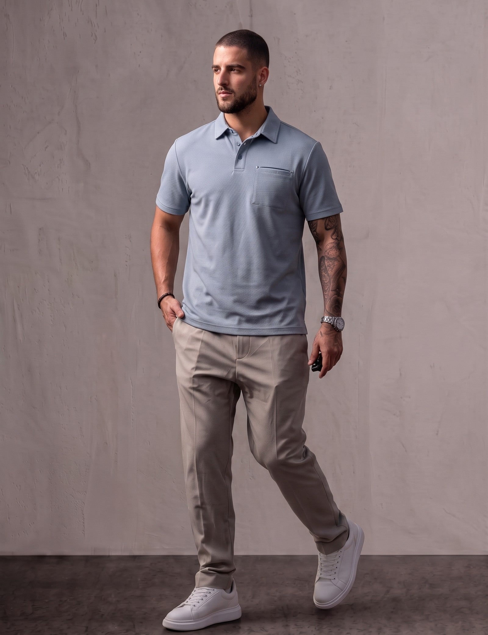 Men's Piqué Polo Shirt with Chest Pocket, three-quarter view from the right, full length