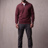 Men's Quarter Zip Polo Collar Sweatshirt in Burgundy, front view, full length