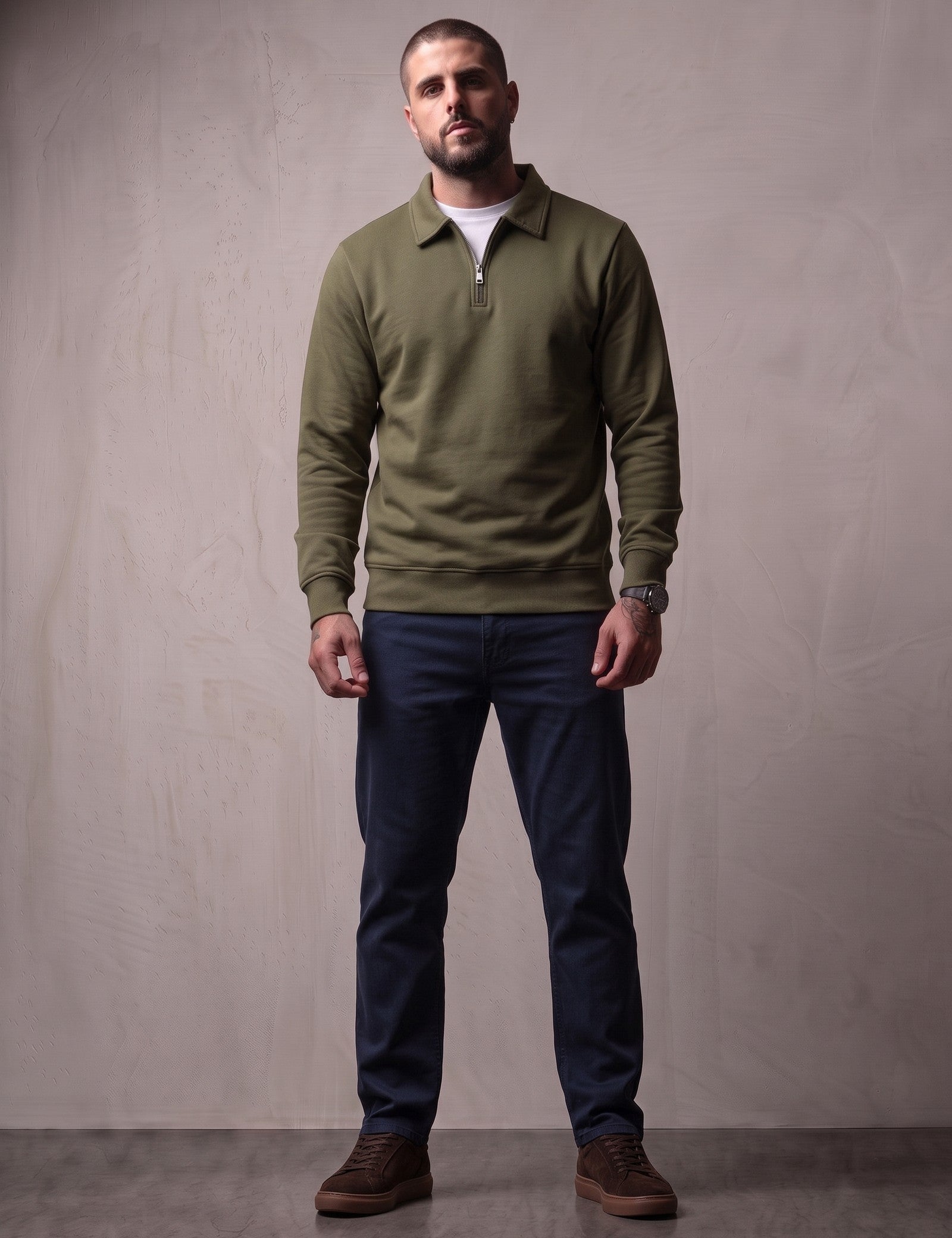 Men's Quarter Zip Polo Collar Sweatshirt in Olive Green, front view, full length
