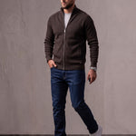 Men's Ribbed Funnel Neck Zip-Through Jumper, three-quarter view from the right, full length