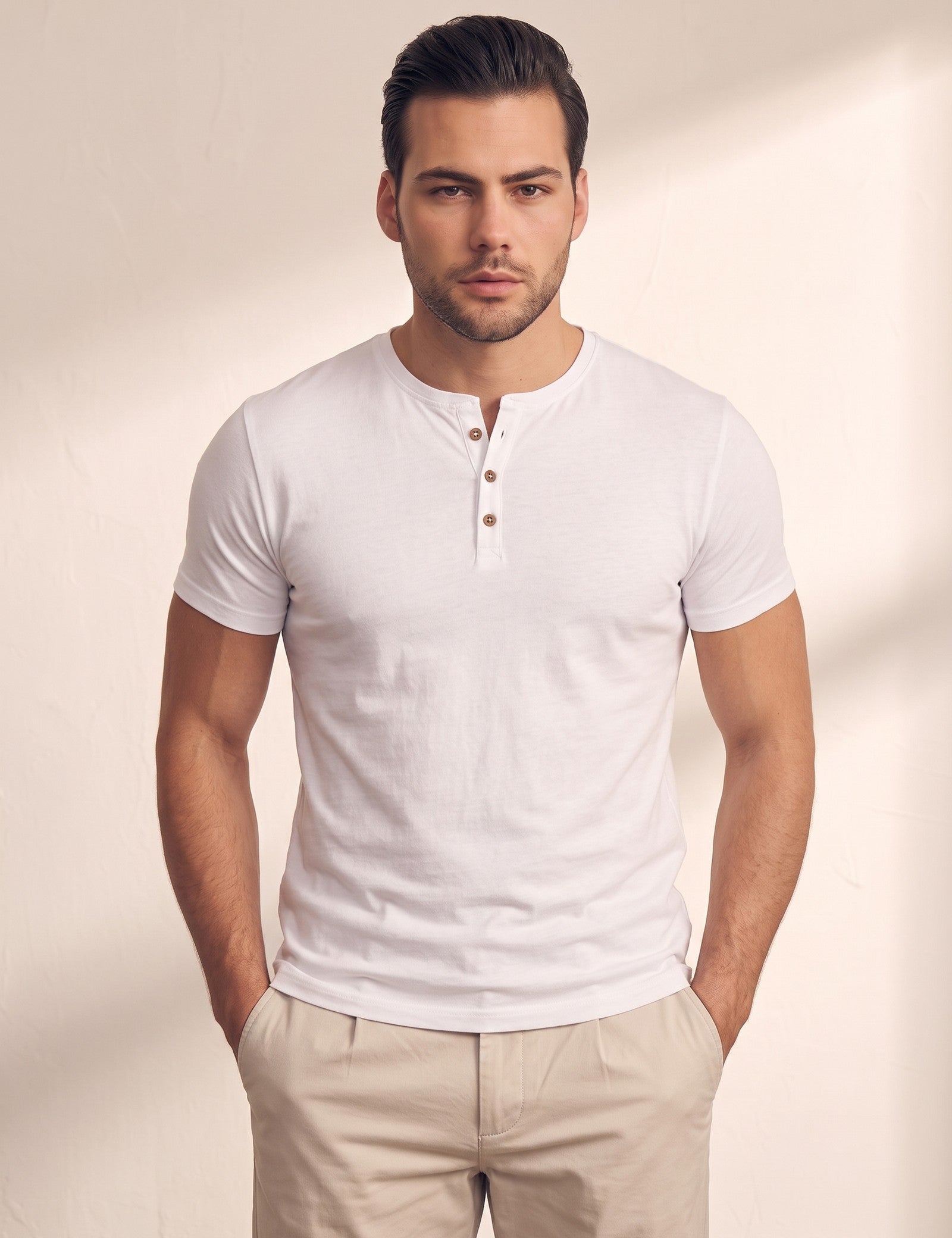 Men's Short Sleeve Henley T-Shirt, close-up of the upper body