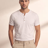 Men's Short Sleeve Henley T-Shirt, close-up of the upper body