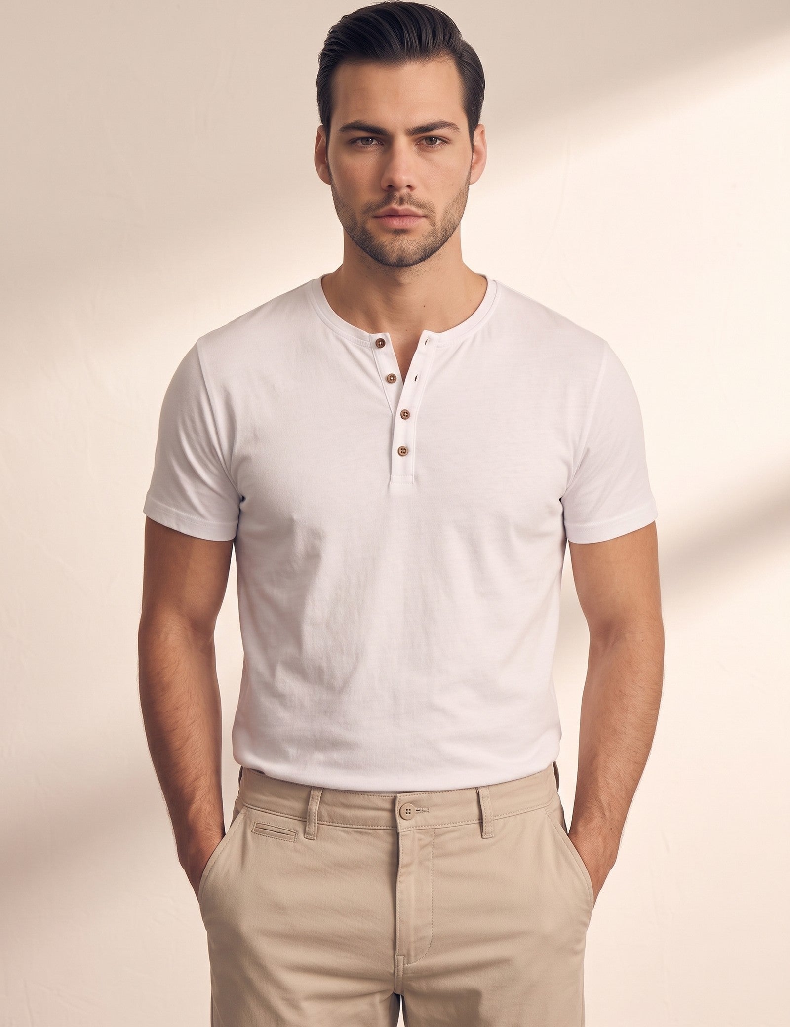 Men's Short Sleeve Henley T-Shirt, close-up of the upper body