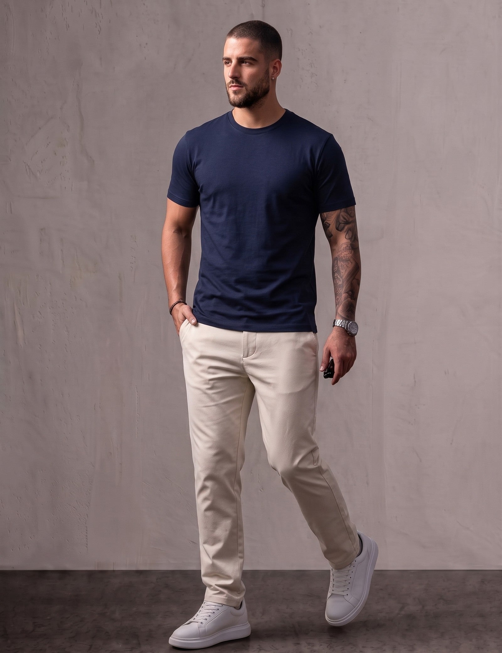 Men's Slim Fit Stretch Cotton T-Shirt, three-quarter view from the right, full length