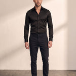 Men's Slim Fit Stretch Dress Shirt in Black, front view, full length