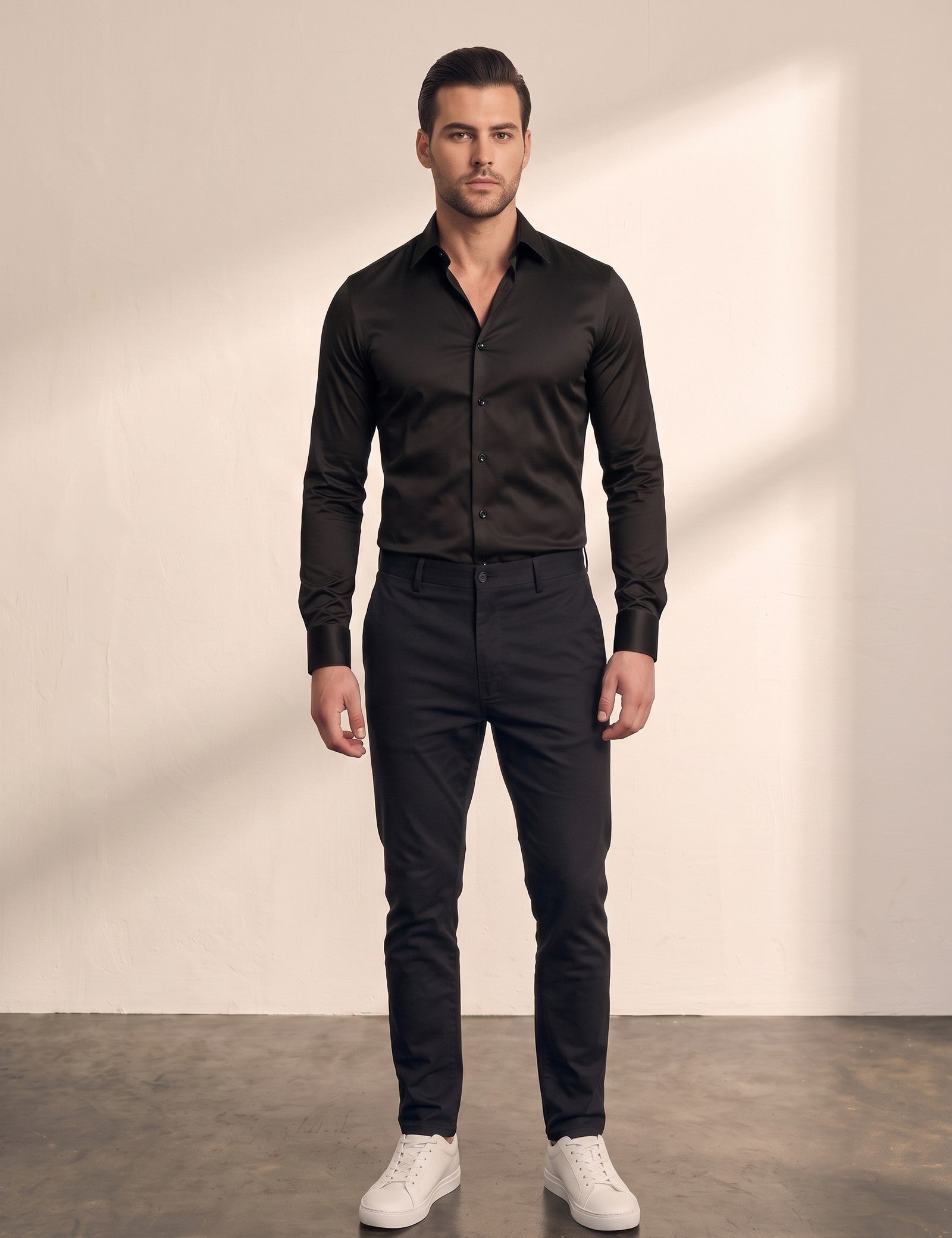 Men's Slim Fit Stretch Dress Shirt in Black, front view, full length
