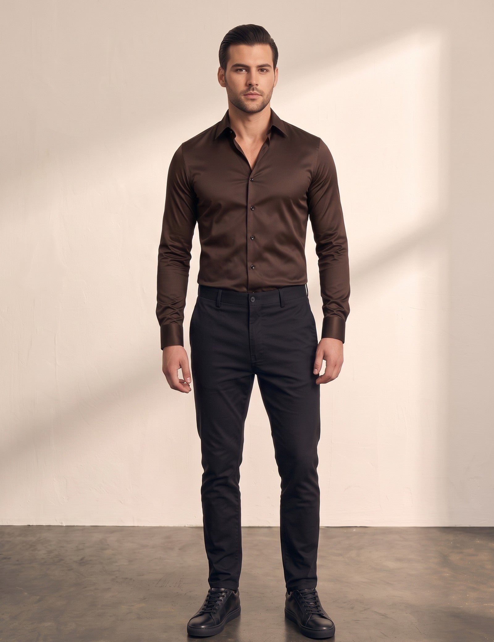 Men's Slim Fit Stretch Dress Shirt in Brown, front view, full length