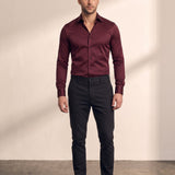 Men's Slim Fit Stretch Dress Shirt in Burgundy, front view, full length