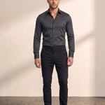 Men's Slim Fit Stretch Dress Shirt in Dark Grey, front view, full length