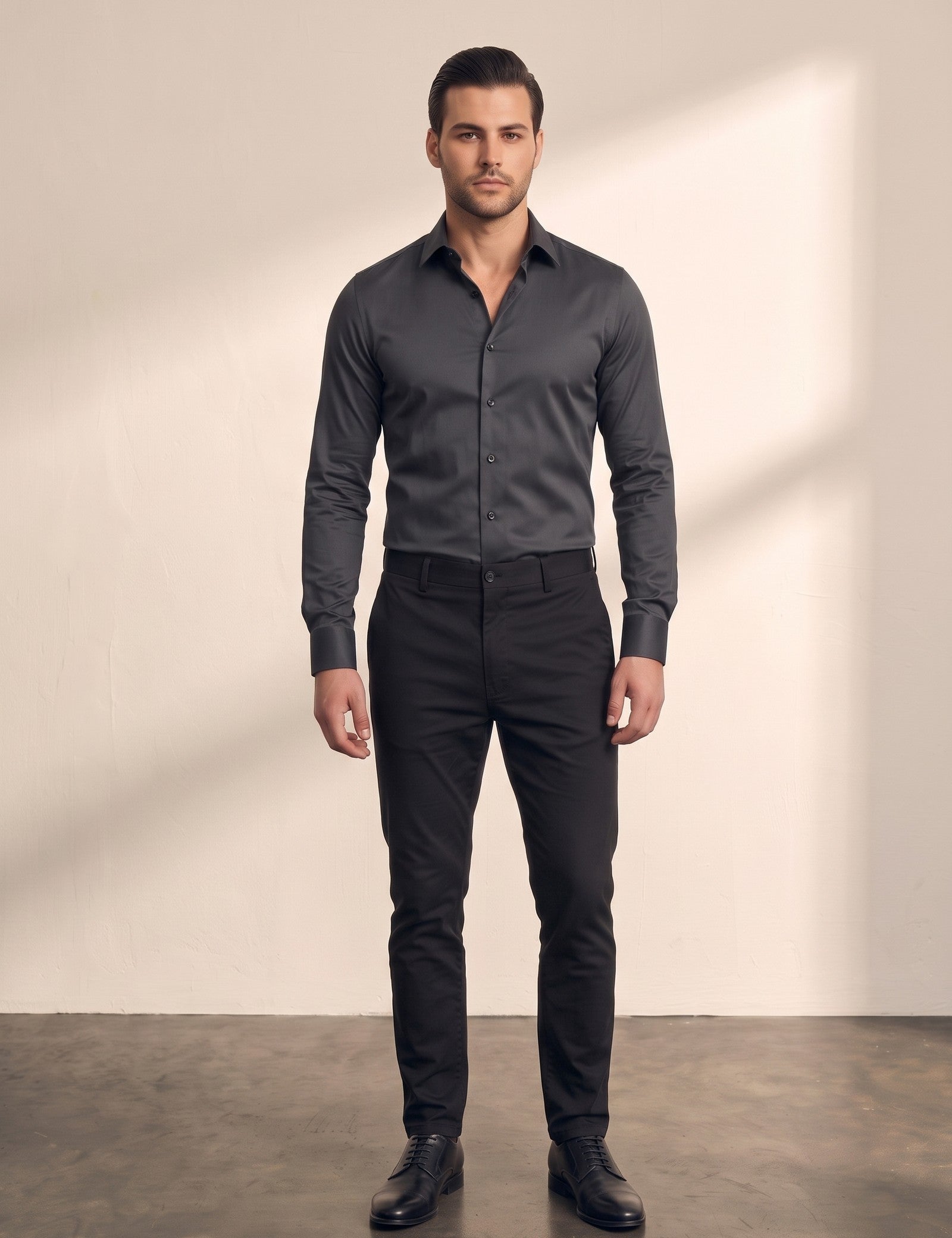 Men's Slim Fit Stretch Dress Shirt in Dark Grey, front view, full length