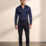 Men's Slim Fit Stretch Dress Shirt in Navy, front view, full length