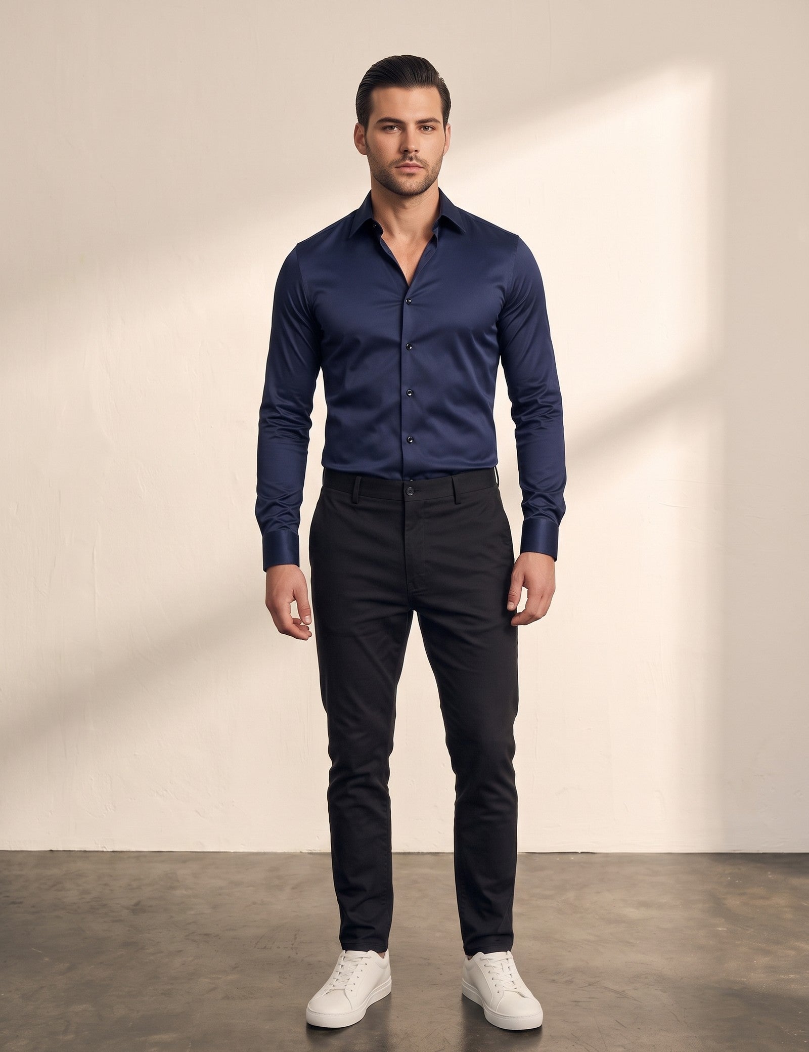 Men's Slim Fit Stretch Dress Shirt in Navy, front view, full length