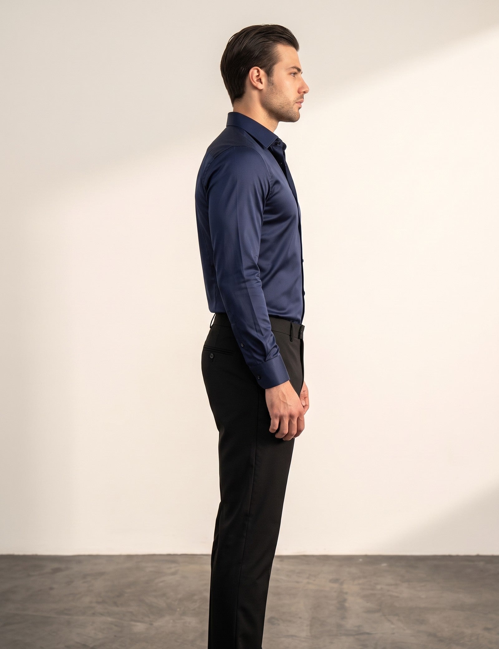 Men's Slim Fit Stretch Dress Shirt, side view, full length