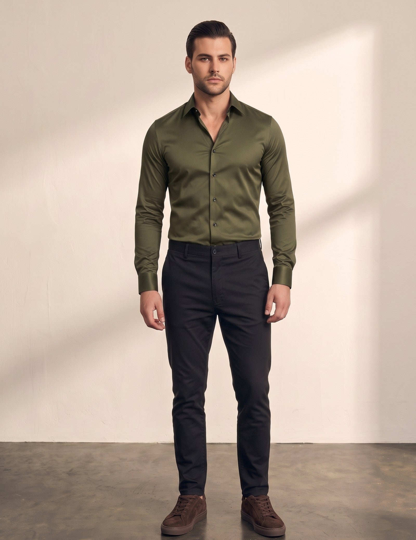 Men's Slim Fit Stretch Dress Shirt in Olive Green, front view, full length