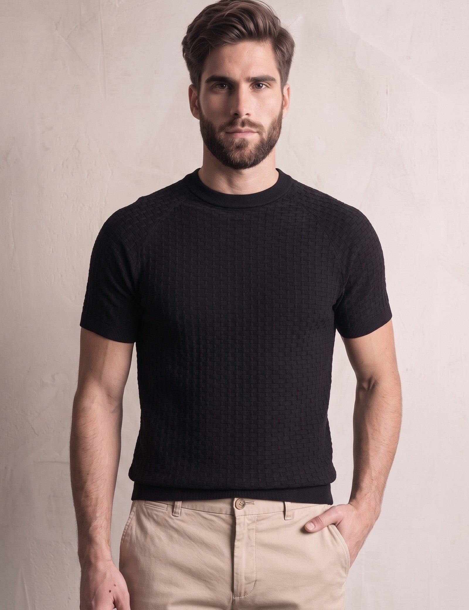 Men's Slim Fit Textured Jacquard T-Shirt, close-up of the upper body