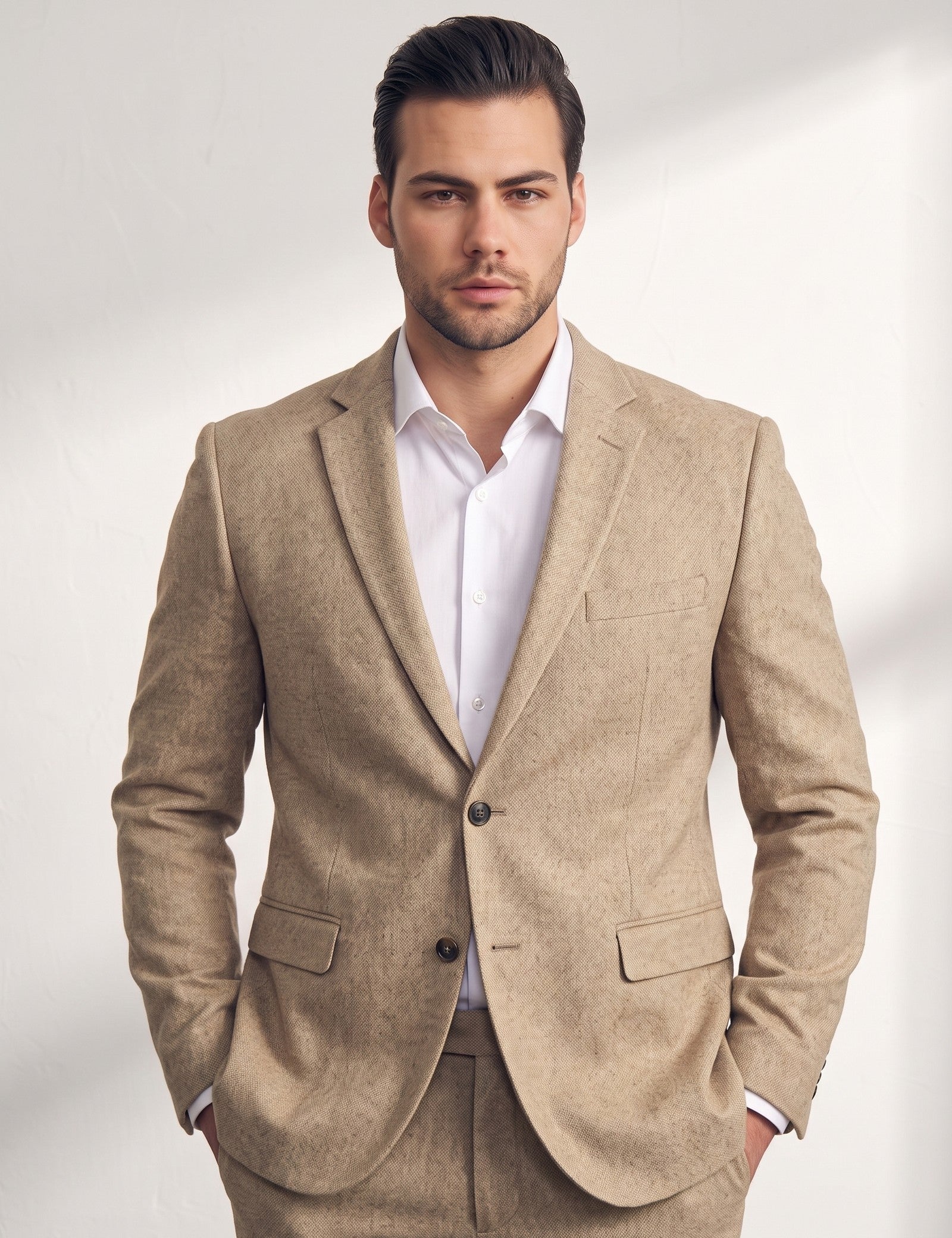 Men's Slim Fit Two-Piece Suit with Notch Lapel, close-up of the upper body