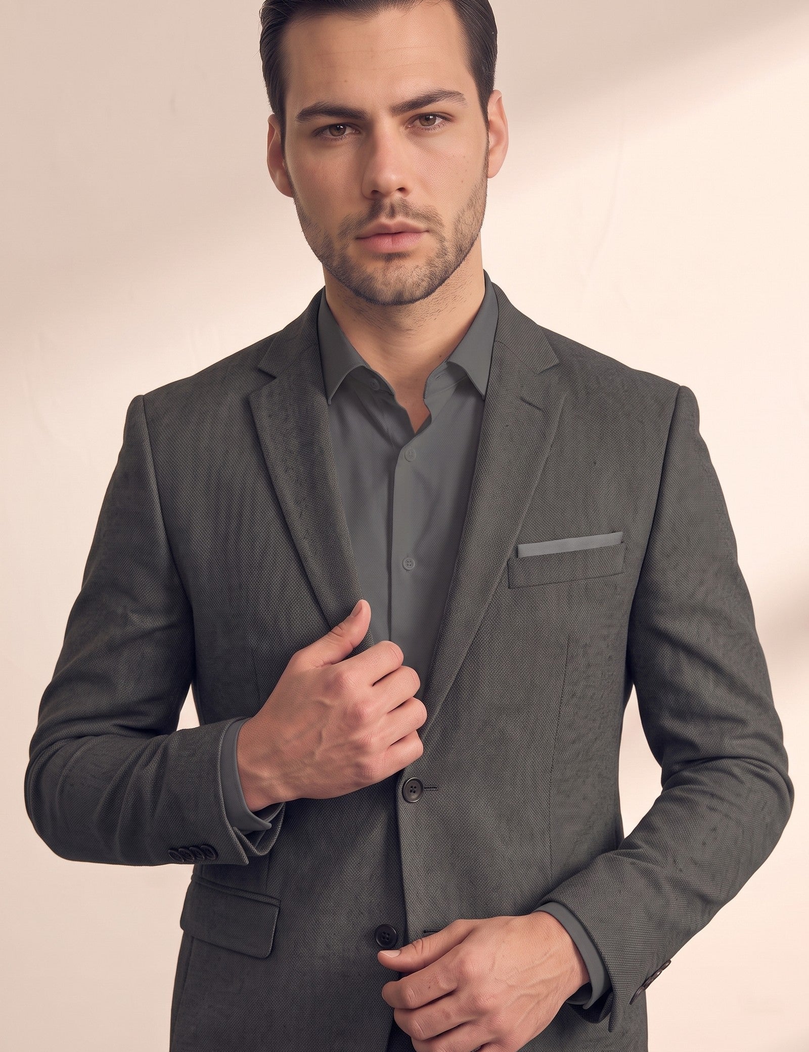 Men's Slim Fit Two-Piece Suit with Notch Lapel, close-up of the upper body