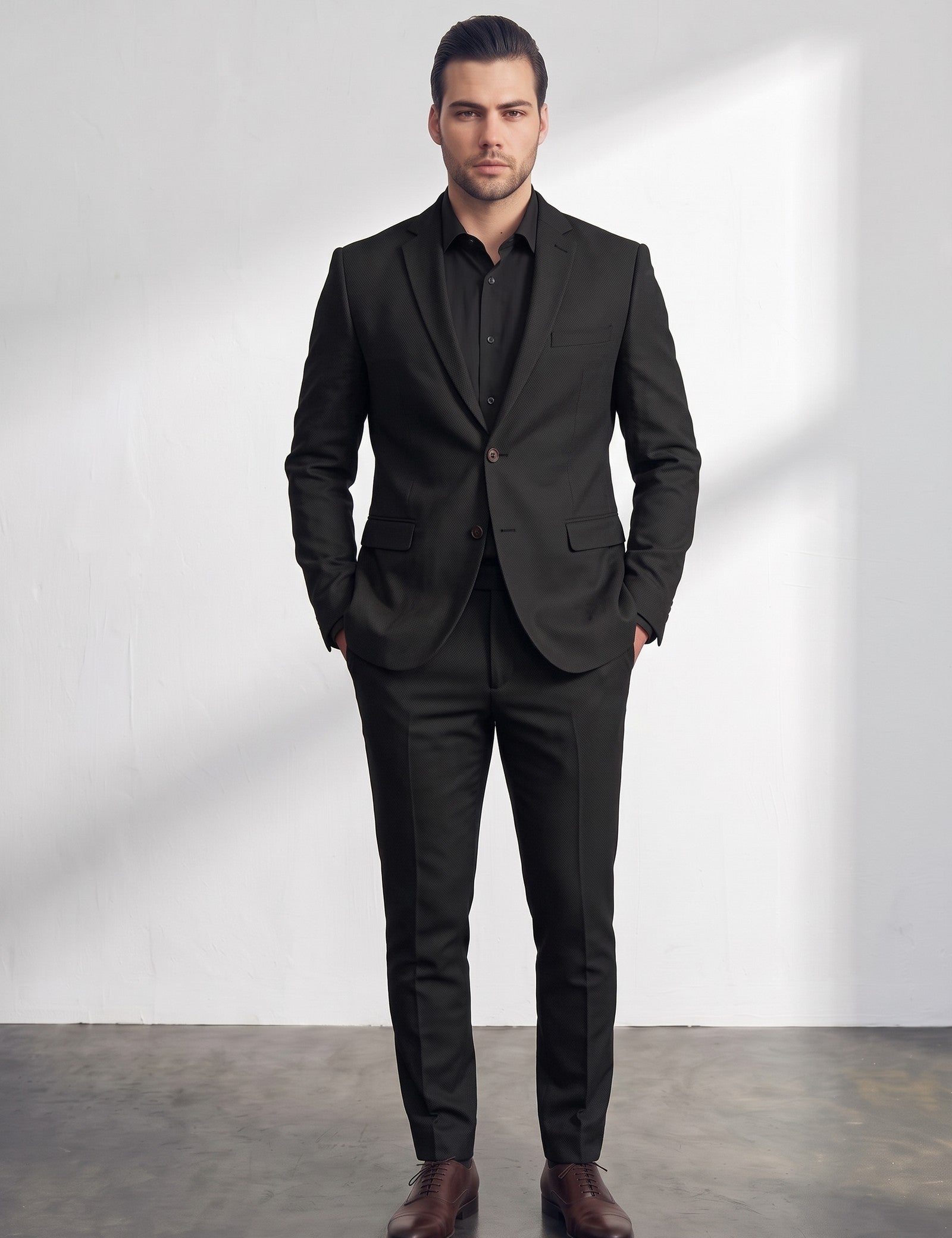 Men's Slim Fit Two-Piece Suit with Notch Lapel, close-up of the upper body